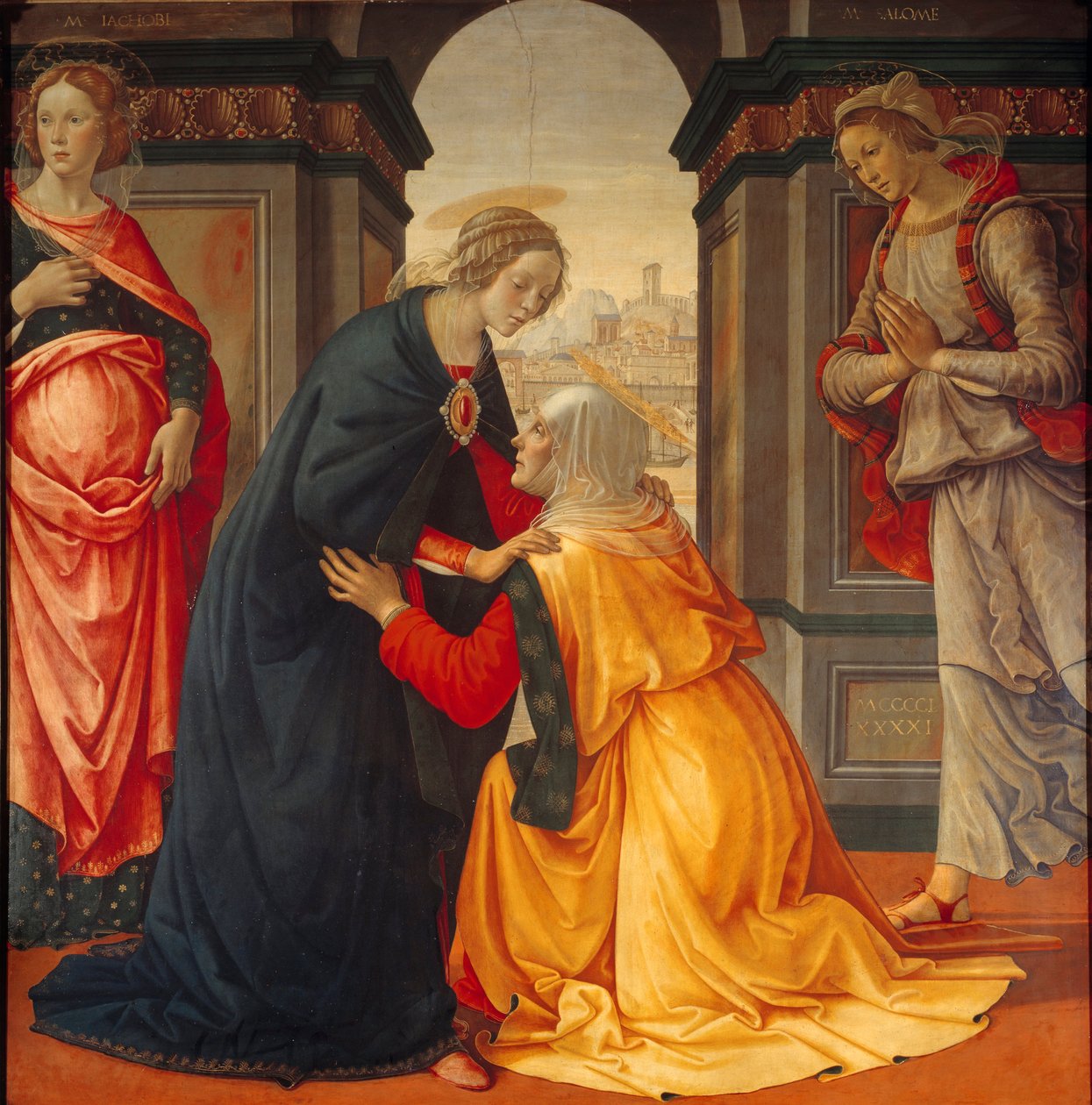Vierailu: Neitsyt Maria vierailee Elisabethin luona, Marie Jacobien ja Marie Salomen, ristiinnaulitsemisen ja ylösnousemuksen todistajien välillä, Domenico Ghirlandaion (1449-1494) maalaus 1491 tekijältä Domenico Ghirlandaio