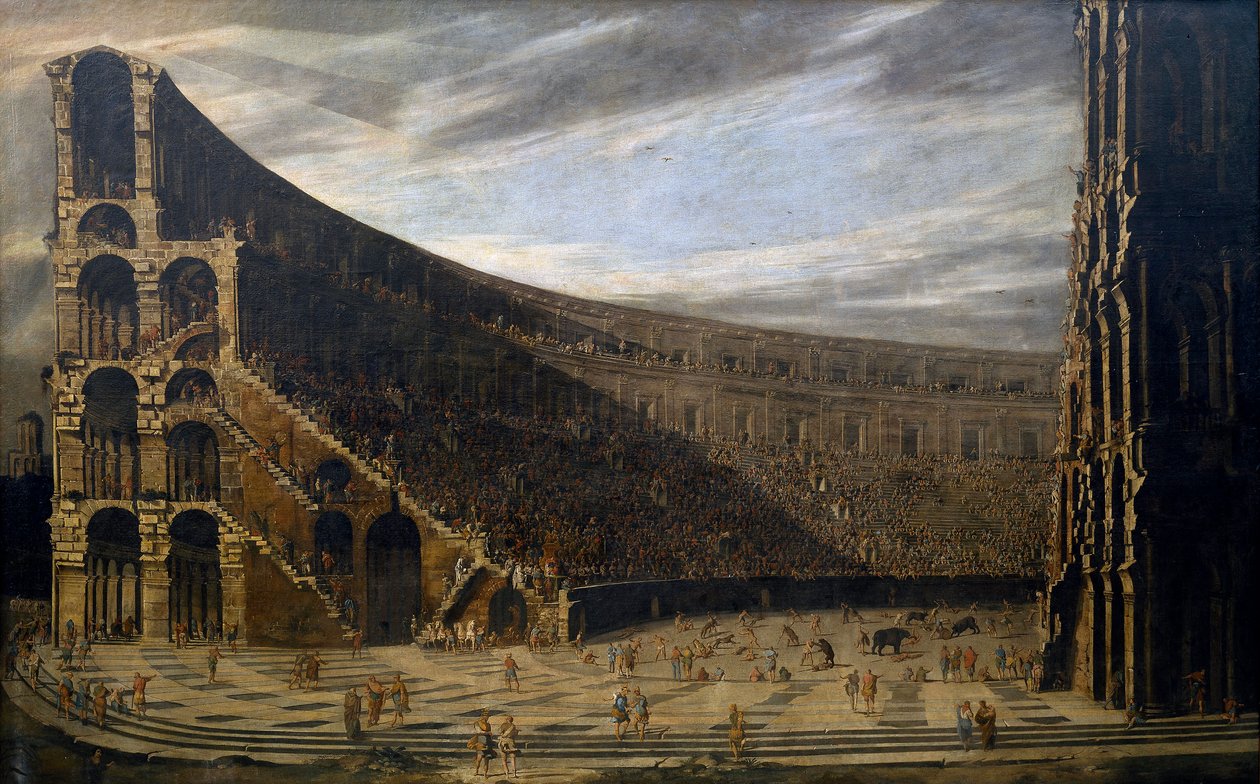 ""Roomalaisen amfiteatterin näkökulma" (Roomalaisen amfiteatterin näkökulma) Taistelut areenalla Domenico Gargiulon (1609-1675) maalaus noin 1638 Koko 220,5x353 cm Museo del Prado, Madrid tekijältä Domenico Gargiulo