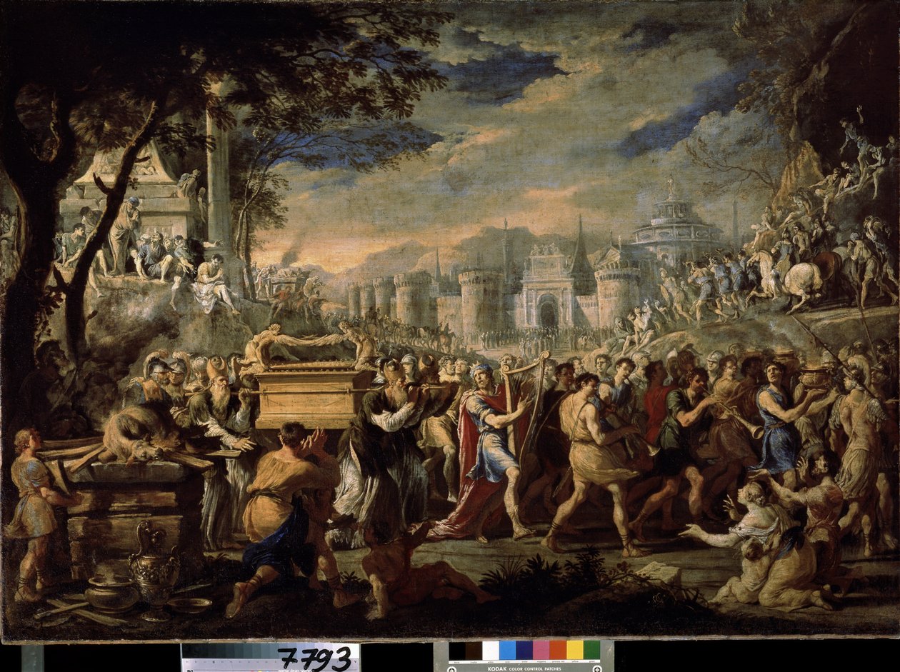 ""Daavid kantaa liitonarkin Jerusalemiin"" (Kuningas Daavid kantamassa liitonarkin Jerusalemiin) Pyhän liitonarkin kantaminen Jerusalemiin, kun kuningas Daavid soittaa psaltteria. Domenico Gargiulon (1609-1675) maalaus tekijältä Domenico Gargiulo