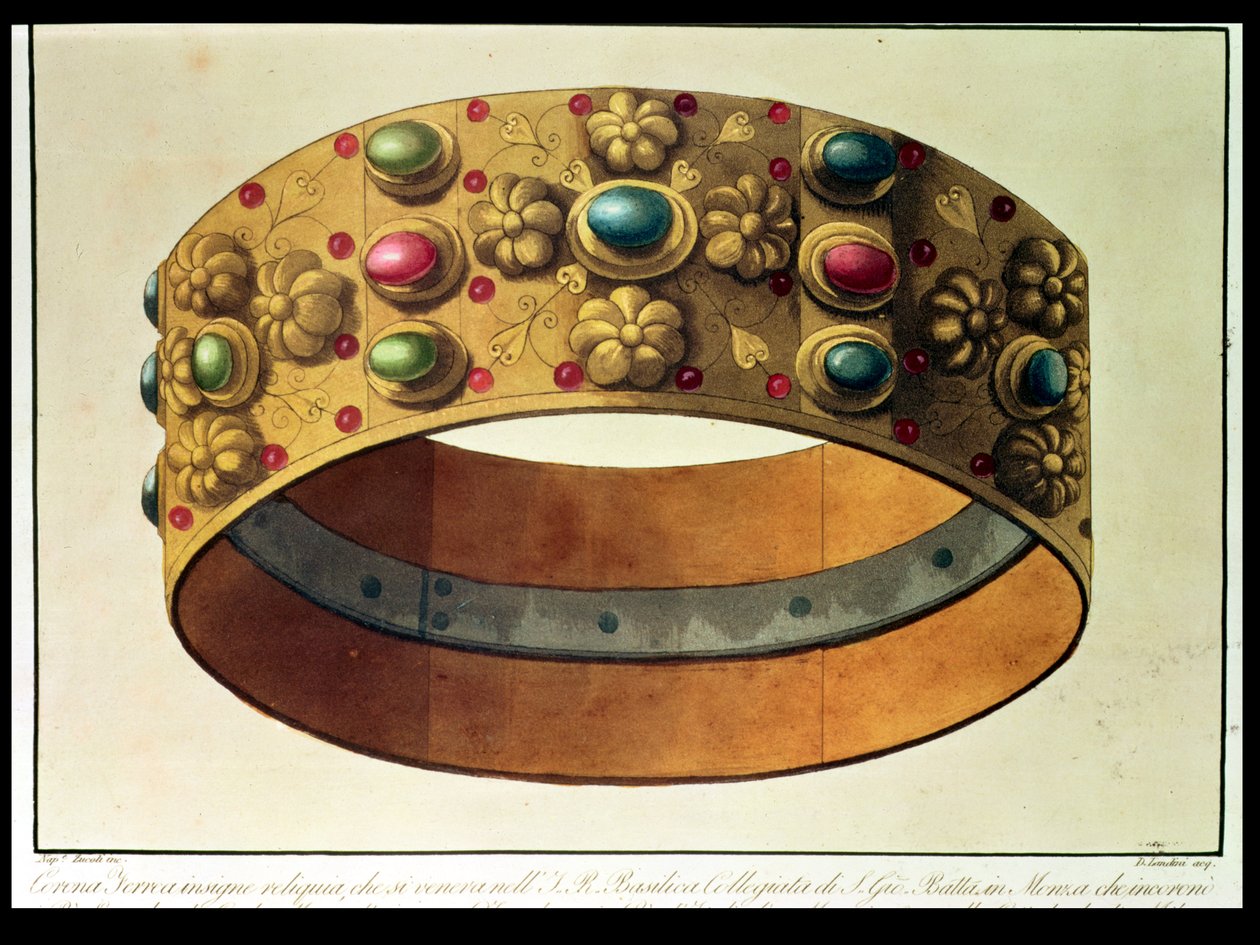 Lombardian rautakruunu, jolla Kaarle Suuri kruunattiin vuonna 777 ja Napoleon vuonna 1805 Milanon katedraalissa, kaiverrettu D. Landinin toimesta (akvatintta). tekijältä Domenico (after) Landini