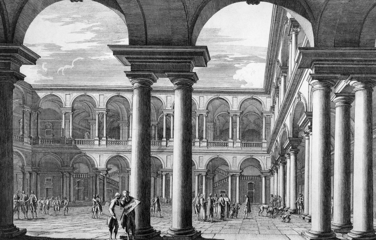 Breran palatsin sisäpiha Milanossa, jossa sijaitsee Kuvataideakatemia ja taidegalleria, jonka on suunnitellut arkkitehti Francesco Maria Richini (1584-1658), kaiverrus Domenico Aspari (1745-1831), Italia tekijältä Domenico Aspari