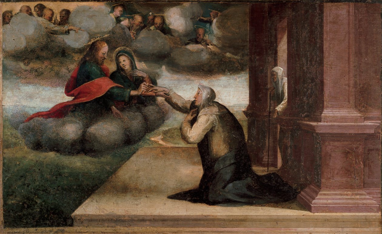 Pyhän Katariinan stigmien alttaritaulu. Yksityiskohta Predelle: Pyhän Katariinan Sienan mystiset häät. Domenico Beccafumin (1486-1551) maalaus tekijältä Domenico Beccafumi