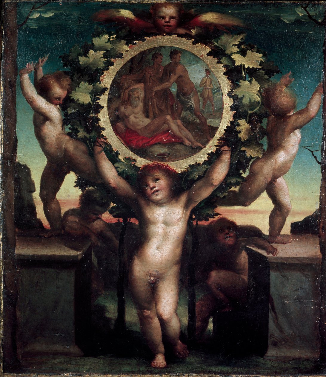 Enkelit (Putti) Noen juopumuksen kanssa. Domenico Beccafumin (1486-1551) maalaus tekijältä Domenico Beccafumi