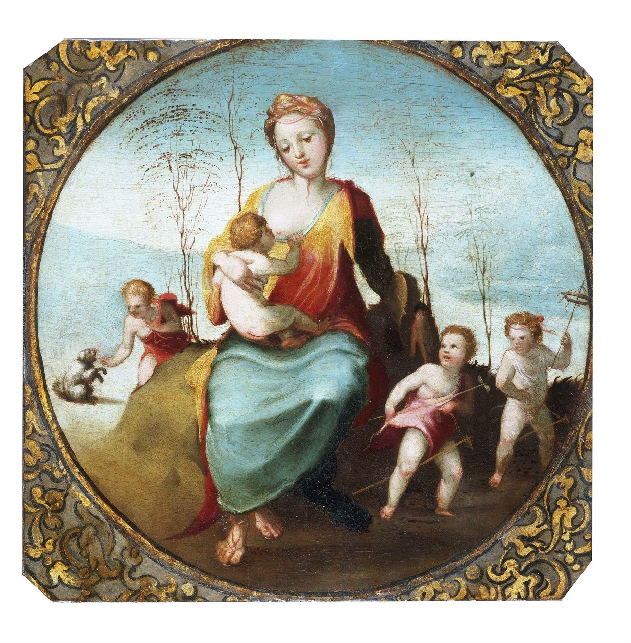 Beccafumi - Hyväntekeväisyys imettää lasta ja ympärillä on kolme lasta leikkimässä koiran ja hevosharrastajien kanssa, n. 1525. tekijältä Domenico Beccafumi