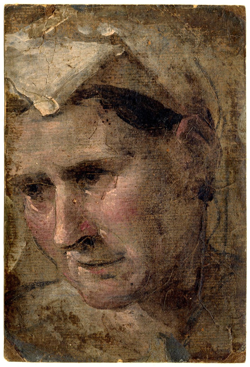 Beccafumi - Vanhan naisen pää, joka katsoo alas vasemmalle Öljy paperille, 1953,1212.4 tekijältä Domenico Beccafumi