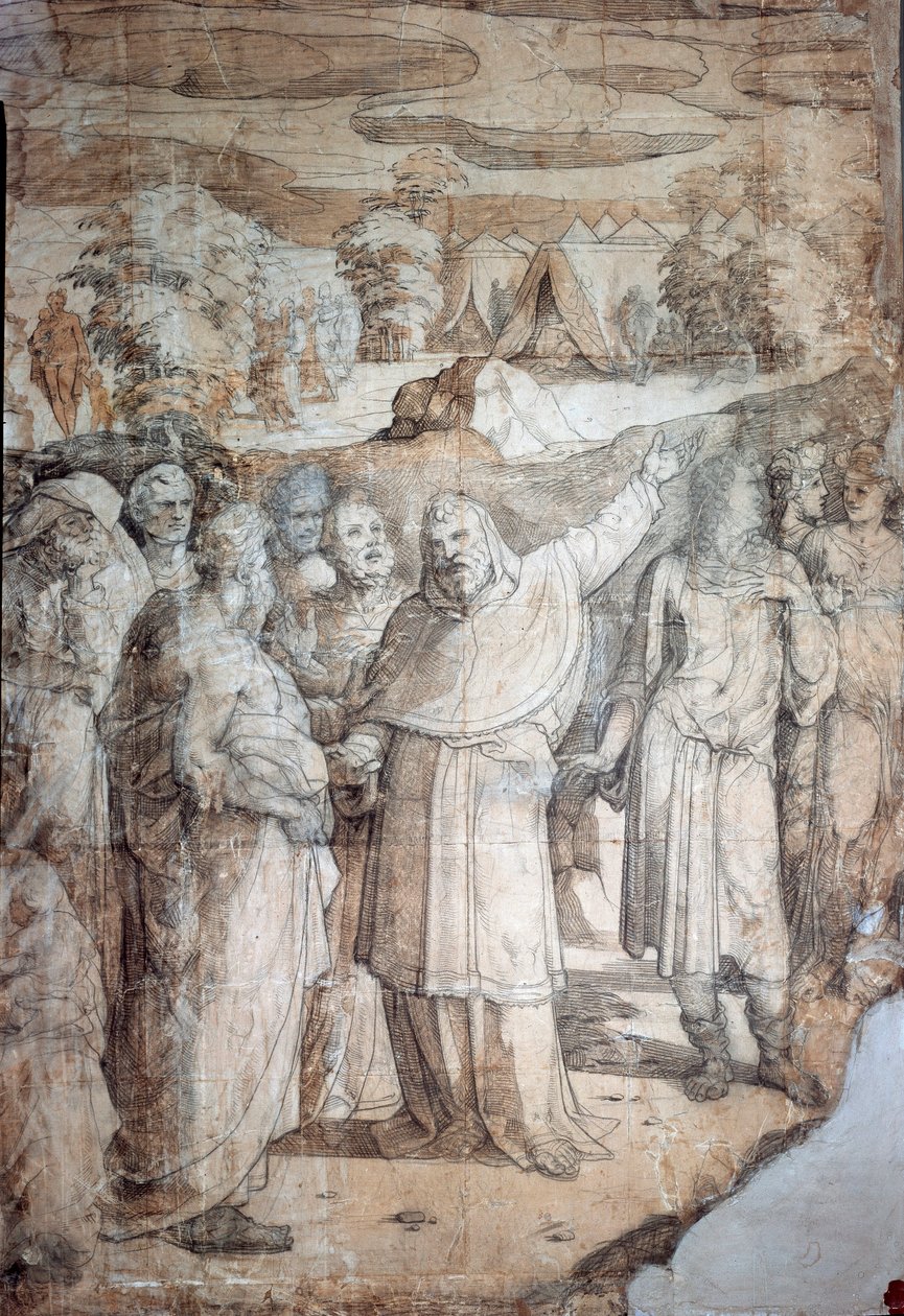 Mooseksen historia Siinain vuorella: Heprealaiset odottavat Mooseksen paluuta. Sienan katedraalin päällysteen valmistelupiirustus. Domenico Beccafumin (1486-1551) maalaus. Italia, Siena, National Pinacotheque. (Siena, Pinacoteca Nazionale) tekijältä Domenico Beccafumi