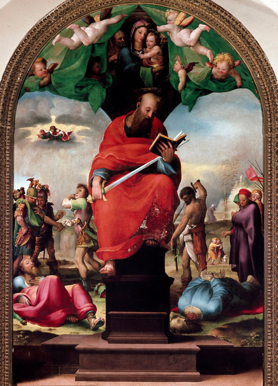 Pyhän Paavalin esitys valtaistuimella Domenico Beccafumin (1486-1551) maalaus 1515 noin. Aurinko. 2,3x1,5 m Siena, museo dell