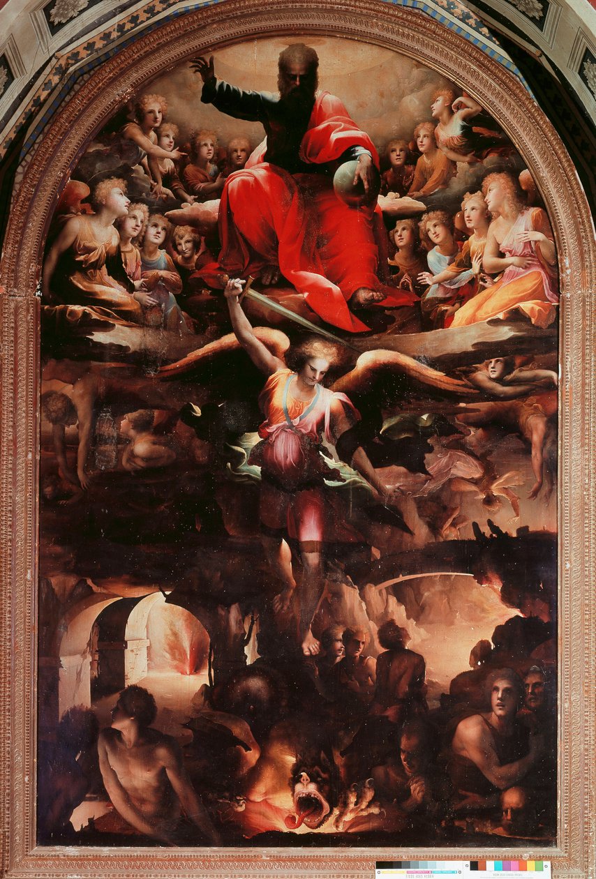 Domenico Beccafumin (1486-1551) maalaus Saint Michael Chasing Rebel Angels 1526-1530 noin. Aurinko. 348x225 cm. Siena, Chiesa di San Niccolo al Carmine tekijältä Domenico Beccafumi