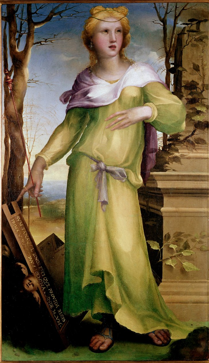 Tanaquil, Tarquin vanhemman, Rooman kuninkaan vaimo. Aviomiehensä kuoleman jälkeen hän varmisti vävynsä Servius Tulliuksen perinnön. Domenico Beccafumin (1486-1551) maalaus, noin 1519. Juoma. Mitat: 92 x 53 cm. Lontoo, National Gallery - Tanaqui tekijältä Domenico Beccafumi
