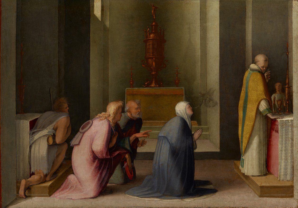 Pyhän Katariinan Siena ihmeellinen ehtoollinen, n. 1513-1515 (taulussa öljyä ja kultalehteä) tekijältä Domenico Beccafumi