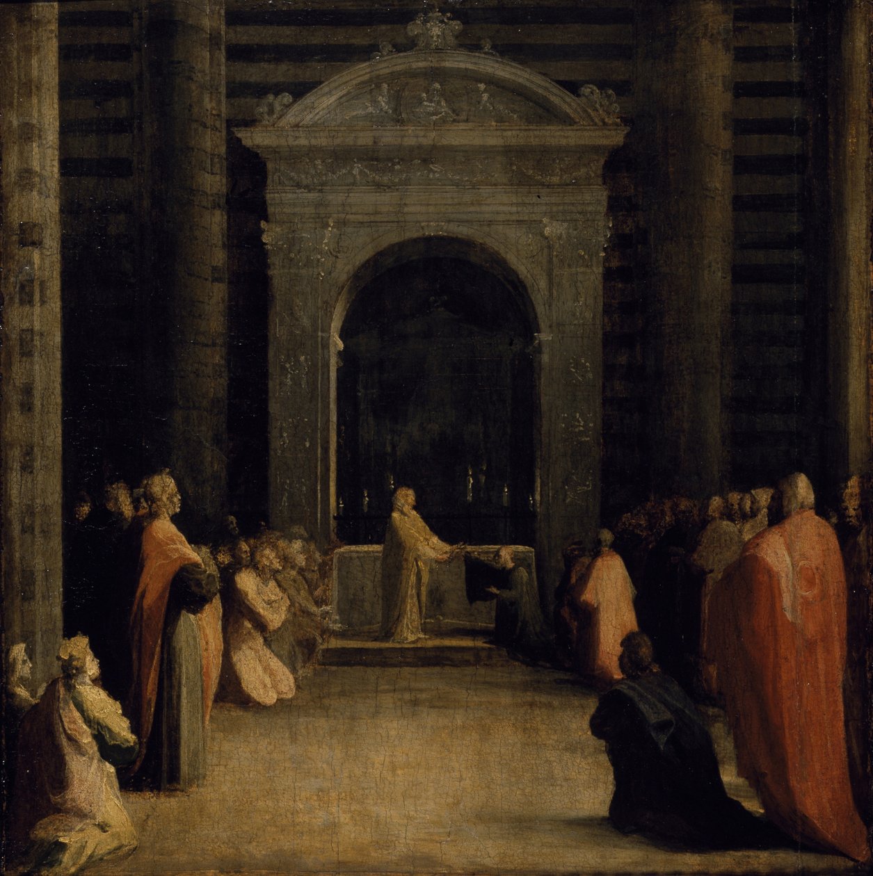 Sienan kaupungin avainten tarjoaminen Neitsyelle vuonna 1526 tai sen jälkeen (öljy paperille puulevylle) tekijältä Domenico Beccafumi