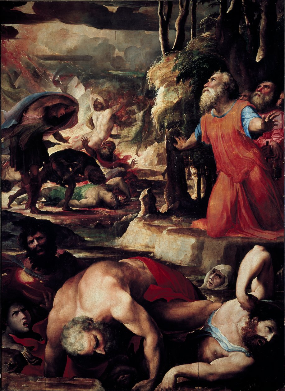Coren (Kore), Datanin (Datan, Nathan) ja Aboronin (Abiram) rangaistus (Taivaallisen tulen rangaistus, episodi leeviläisten kapinasta Moosesta ja lain auktoriteettia vastaan). Domenico Beccafumin (1486-1551) maalaus tekijältä Domenico Beccafumi