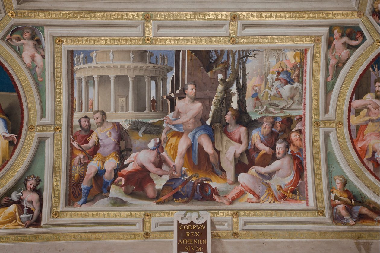 Ateenan kuninkaan, kreikkalaisten ja roomalaisten sankarien julkisten hyveiden Coduksen uhri, 1529-1535 tekijältä Domenico di Pace Beccafumi  