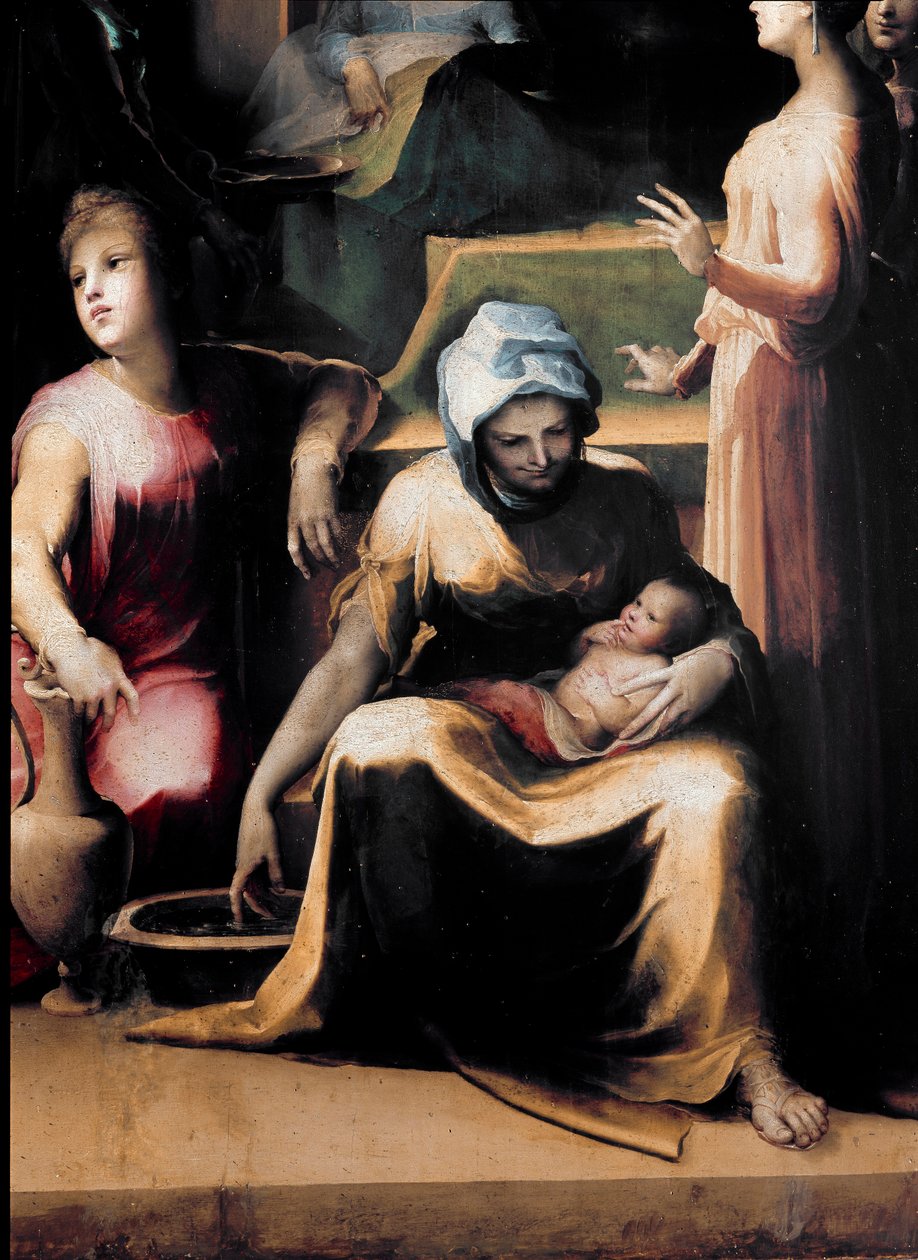 Neitsyen syntymä. Yksityiskohta, jossa piika uusilla vaatteilla. Domenico Beccafumin (1486-1551) maalaus, noin 1540-1543. puu. Mitat: 233 x 145 cm. Italia, Siena, Kansallinen Pinacotheque (Siena, Pinacoteca Nazionale) tekijältä Domenico Beccafumi