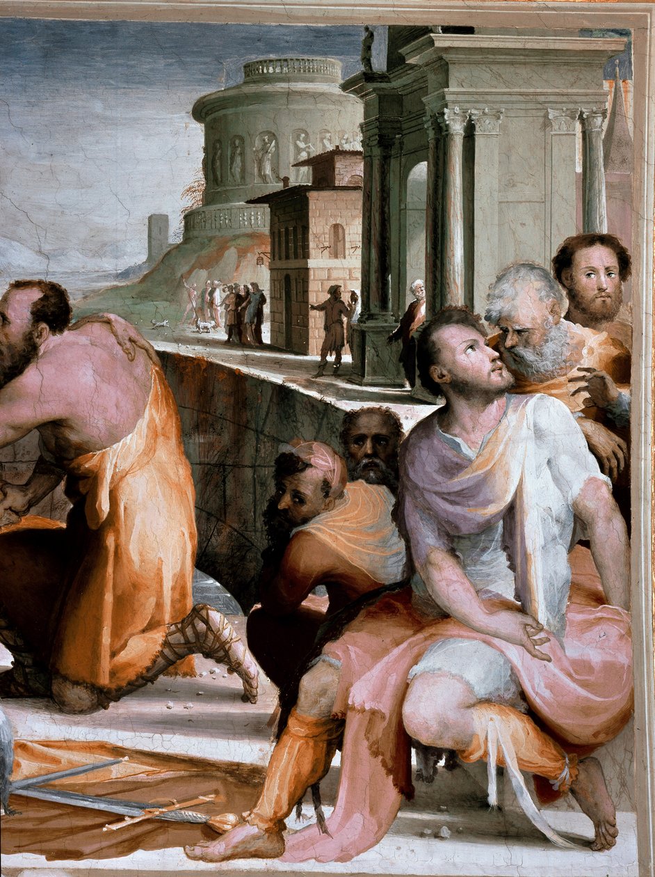 Rooman konsulin Marcus Fulvius Flaccuksen ja Marcus Aemilius Lepiduksen sovittelu noin 126 eKr. Yksityiskohta. Fresko Domenico di Giacomo di Pace dit Beccafumi (1486-1551) 1529-1535 Siena, Palazzo Pubblico tekijältä Domenico Beccafumi
