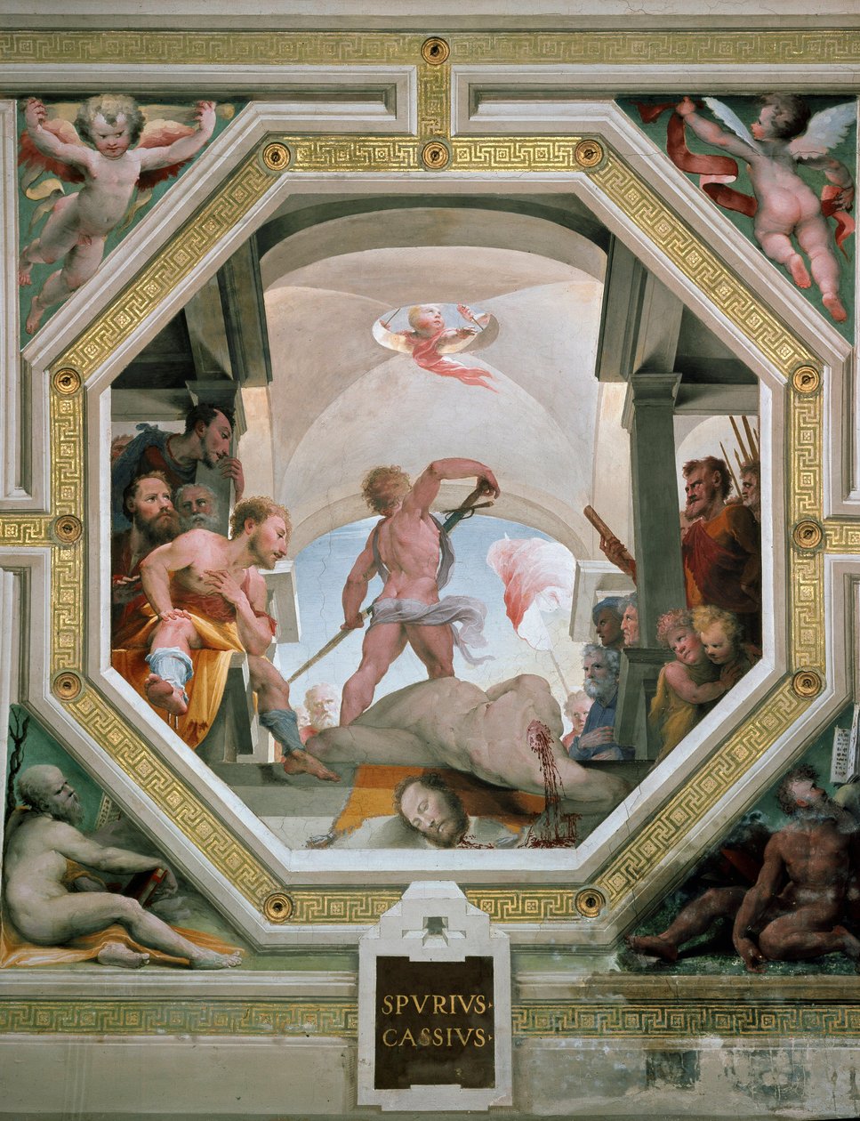 Spurius Cassius Vecellinuksen tai Viscellinuksen katkaisu, jonka hänen isänsä teloitettiin harkitessaan tulla kuninkaaksi vuonna 485 eaa. Fresko Domenico di Giacomo di Pace dit Beccafumi (1486-1551) 1529-1535 Siena (Siena), Palazzo Pubblico tekijältä Domenico Beccafumi