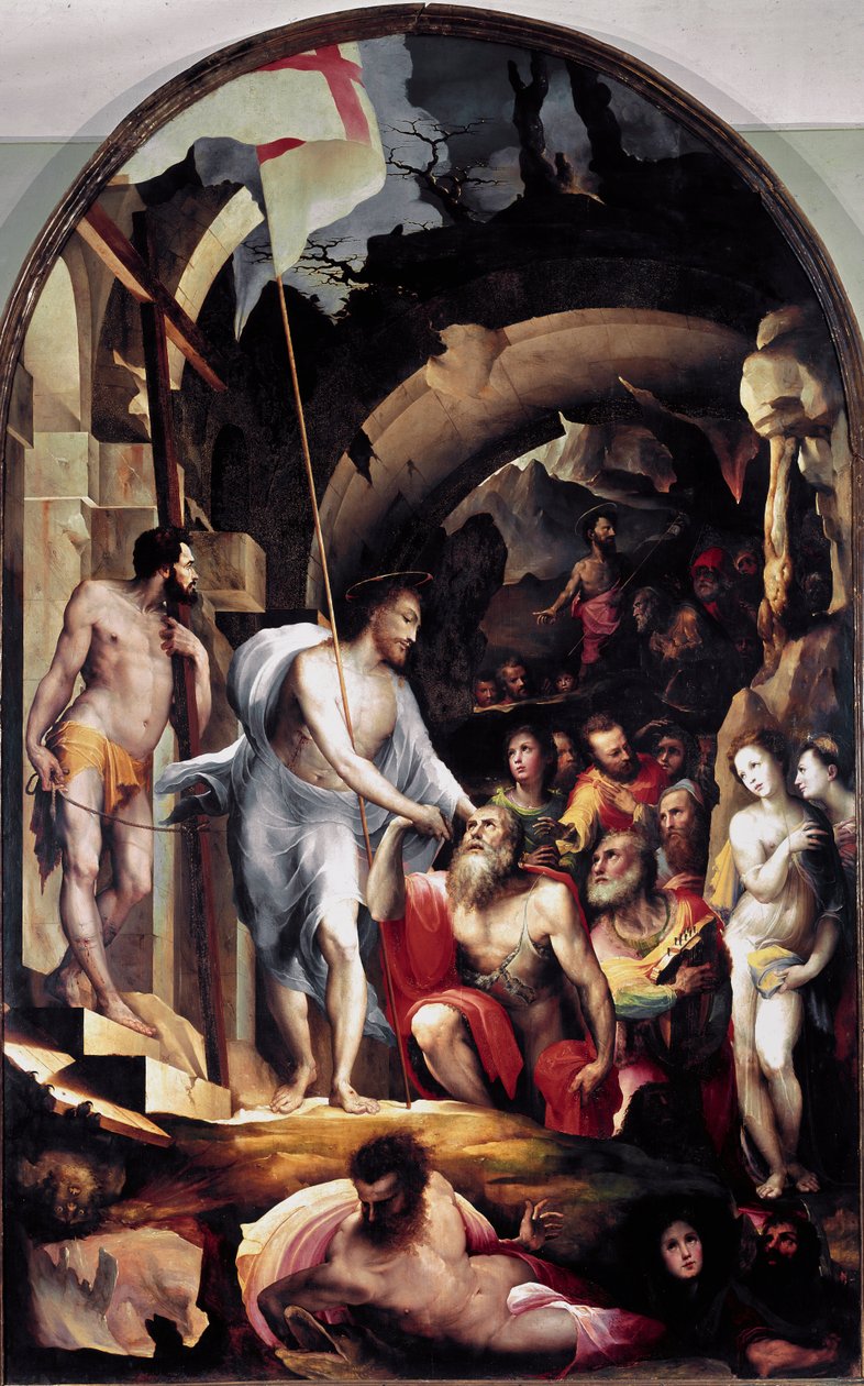 Kristuksen laskeutuminen epävarmuuteen. Hänellä on valkoinen lippu, johon on lyöty punainen risti, ylösnousemuksen symboli. Domenico Beccafumin (1486-1551) maalaus tekijältä Domenico Beccafumi