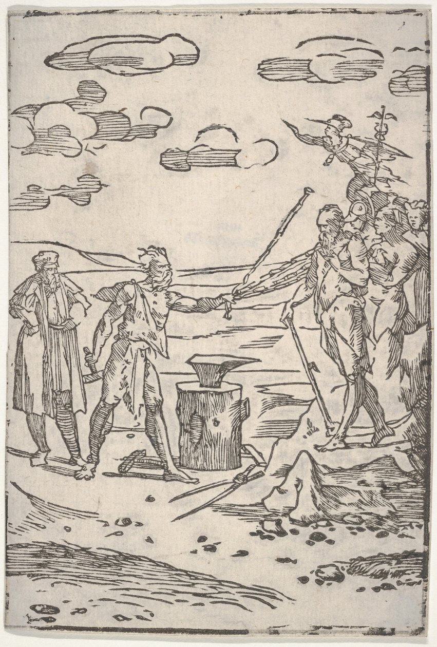 Väärentäjä seisoo alasimen vieressä ja vetää miestä kahleissa, sarjasta The var..., n. 1540-1550. tekijältä Domenico di Pace Beccafumi  