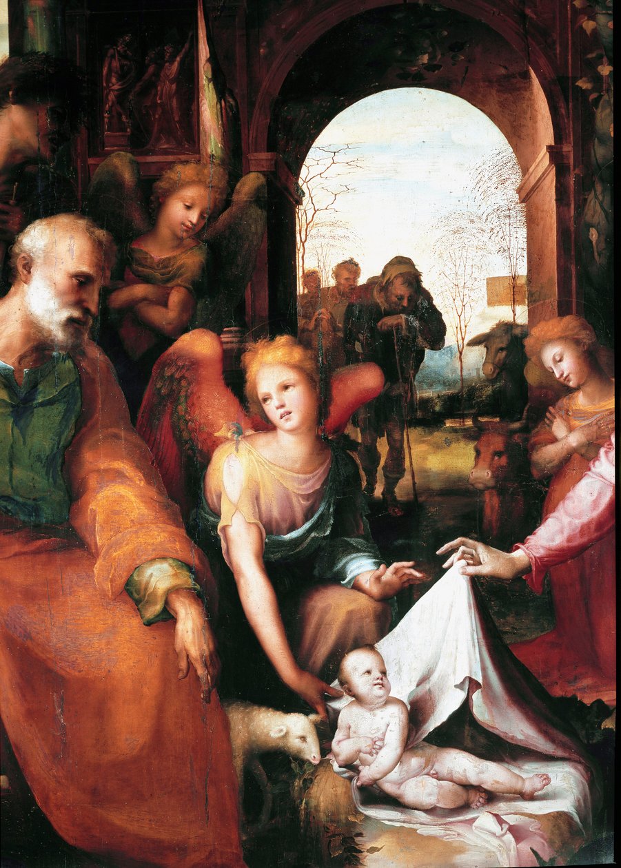 Syntymä, yksityiskohdat. Domenico Beccafumin (1486-1551) maalaus tekijältä Domenico Beccafumi