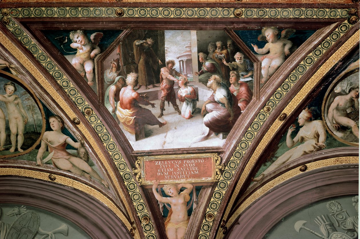Seleukos de Locresin (Seleukos de Locride) uhri Seleukos, menetettyään pojaltaan silmän, uhraa senaattorissa kielletyn aseen käyttämisen oikeutukseksi. Domenico di Giacomo di Pace dit Beccafumin (1486-1) fresko. tekijältä Domenico Beccafumi