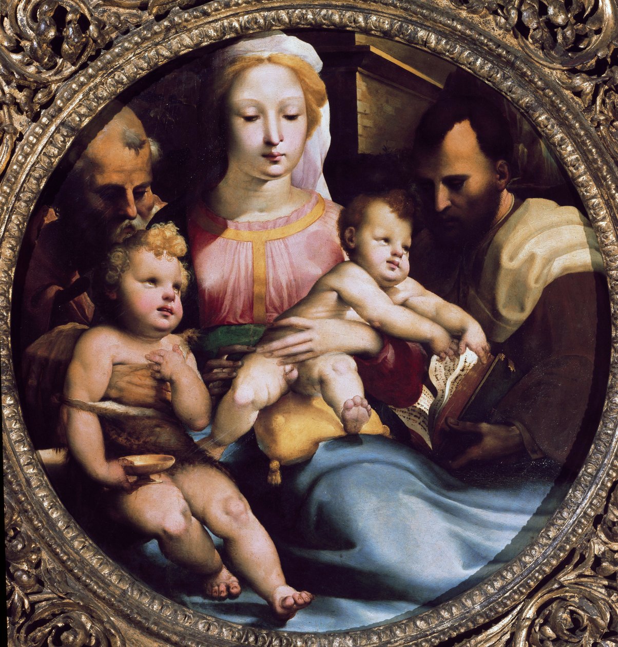 Tondo edustaa pyhää perhettä Saint Giovannin (Johannes Kastajan) ja lahjoittajan kanssa. Domenico Beccafumin (1486-1551) maalaus tekijältä Domenico Beccafumi