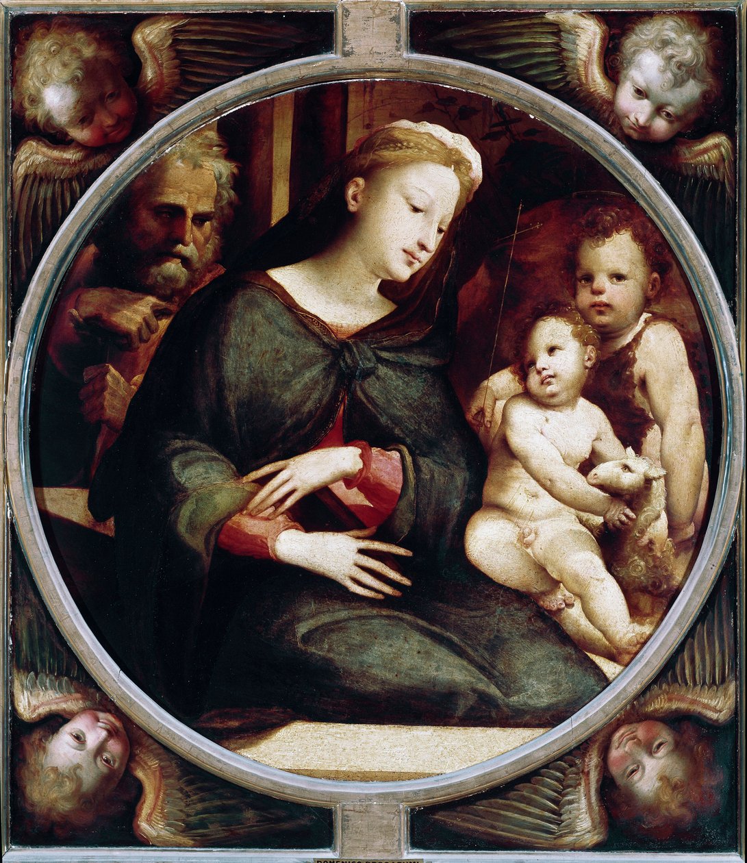 Tondo ympäröi enkeleitä Pyhän perheen kanssa Pyhän Johannes Kastajan lapsen kanssa. Domenico Beccafumin (1486-1551) maalaus, noin 1521-1522. puu. Halkaisija: 88 cm. Italia, Firenze, Pitti Palace, Palatine Gallery. Firenze, Palazzo Pitti, Galleria Palatina tekijältä Domenico Beccafumi
