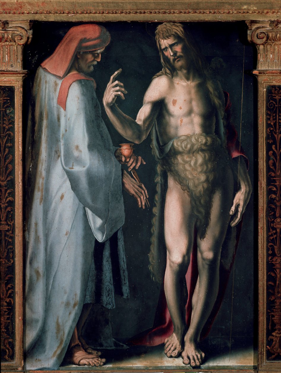 Kolminaisuuden triptyykki, Yksityiskohta vasen paneeli: Saint Cosimo (Tule tai Cosimo) ja Pyhä Johannes Kastaja. Domenico Beccafumin (1486-1551) maalaus tekijältä Domenico Beccafumi