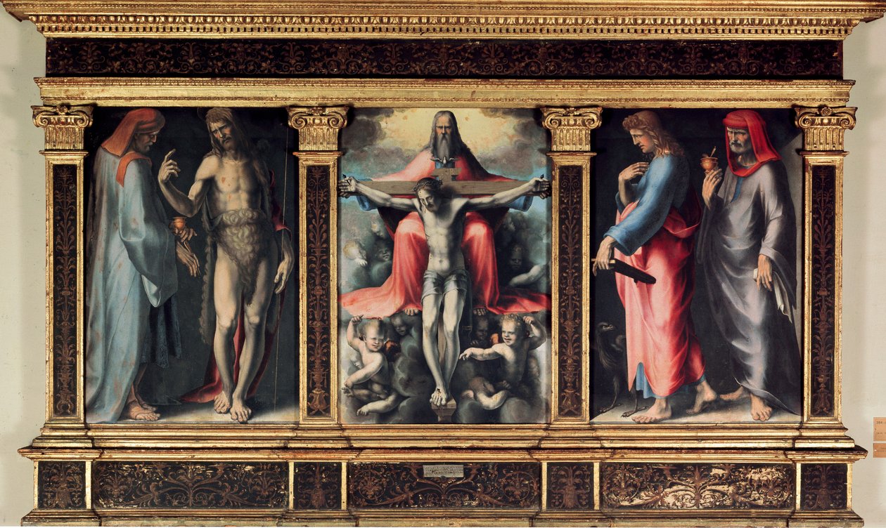 Kolminaisuuden triptyykki: Pyhä Cosimo (Tule tai Cosimo), Pyhä Johannes Kastaja, Kolminaisuus, Pyhä Johannes evankelista ja Pyhä Damien. Lisäys "INRI"" ristiin. Domenico Beccafumin (1486-1551) maalaus tekijältä Domenico Beccafumi