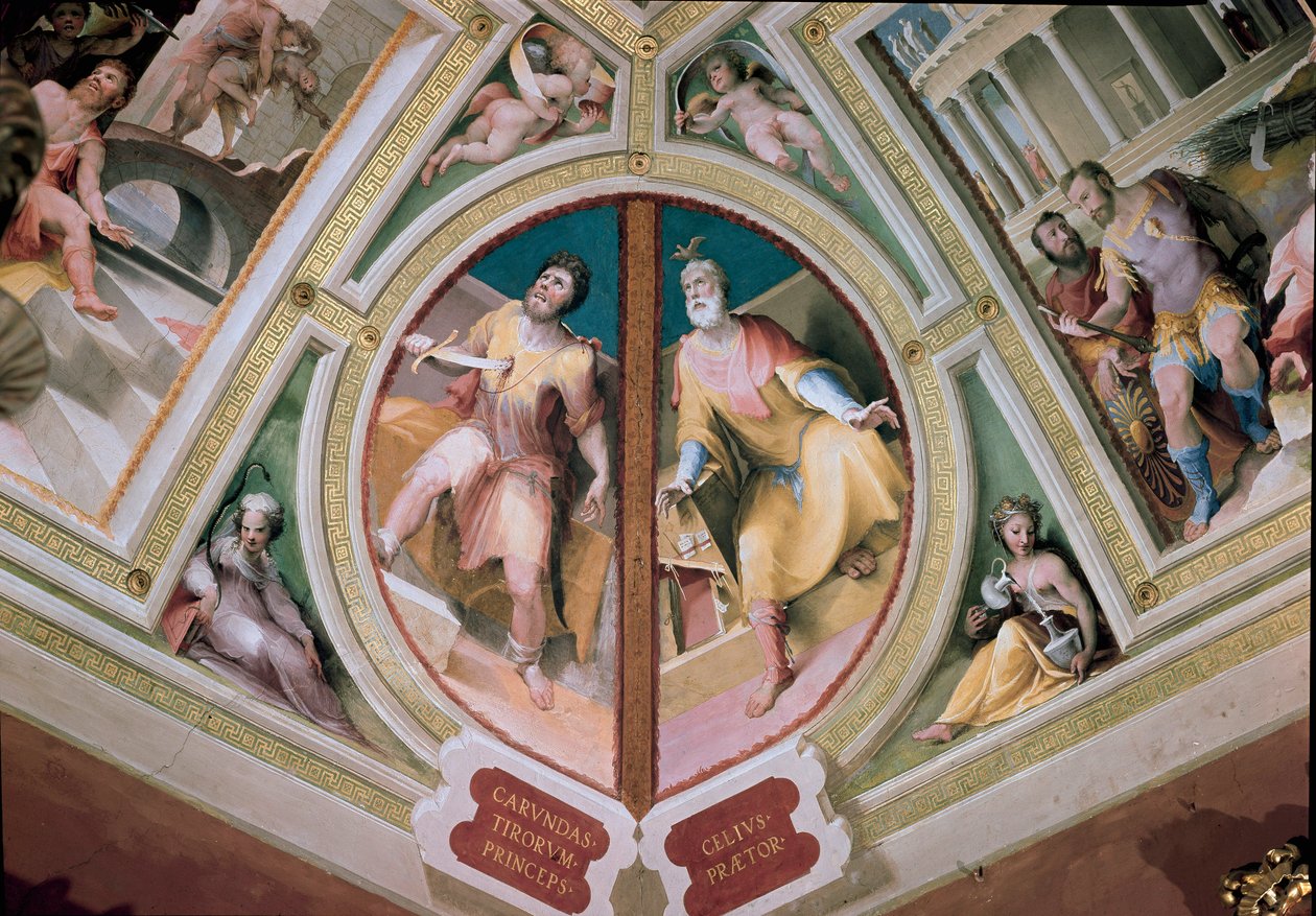 kreikkalainen lainsäätäjä Charondas (7. vuosisata eKr.) pudottamassa miekan rintaan ja "" Rooman pretori Celius""" Domenico Beccafumin (1486-1551) fresko tekijältä Domenico Beccafumi