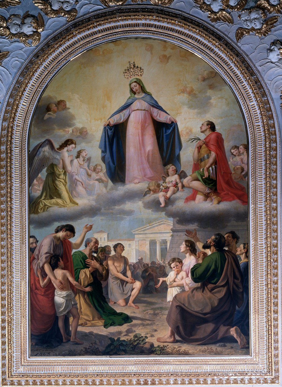 Our Lady of Raccomndati. Neitsyt (kohotettu kruunu) Suojelee hädässä olevaa väestöä (öljy kankaalle tekijältä Domenico Caldara