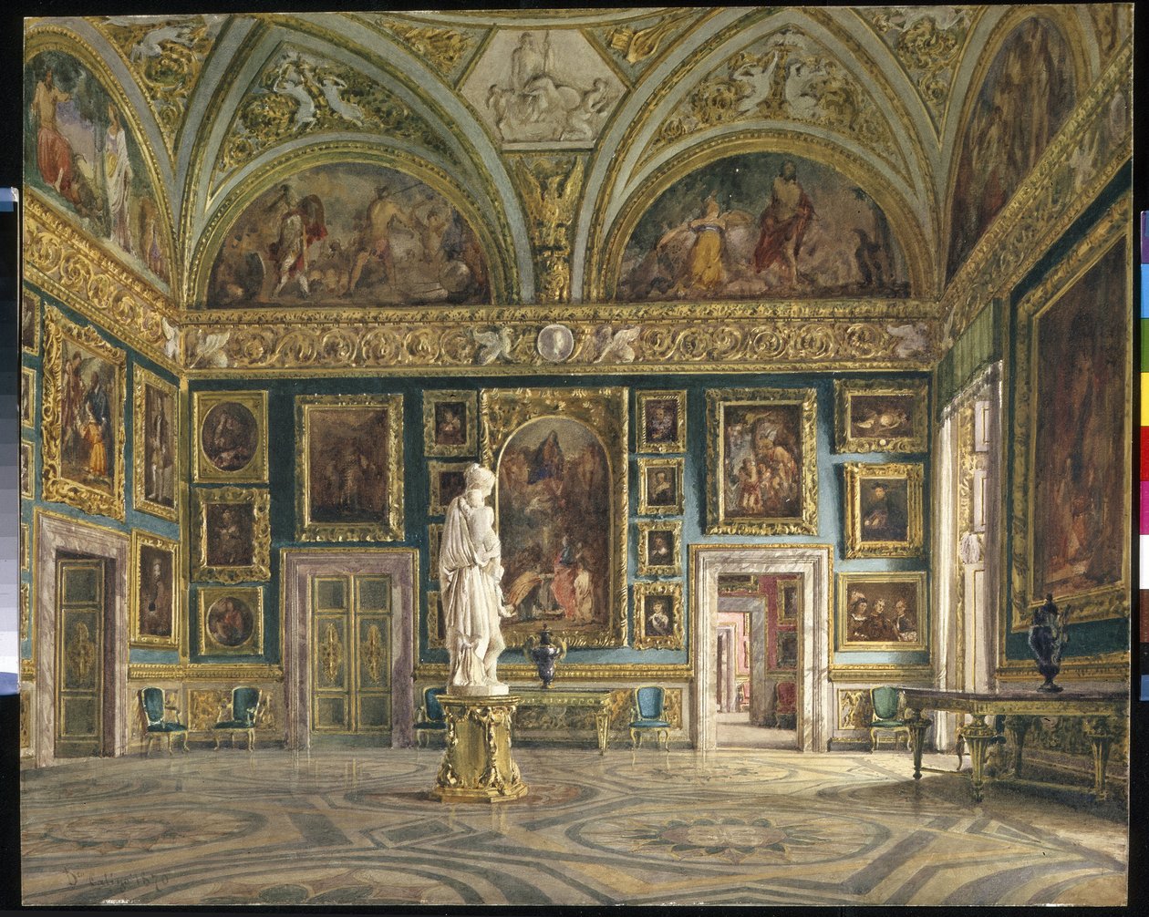 Firenzen Pitti-palatsin Iliadin sali (Palatin galleria) (Firenzen Pitti-palatsin Iliaksen sali). Domenico Caligon (?-1880) maalaus öljy kankaalle. Italialaista taidetta, 1800-luvun toinen puoli, uusklassismi. Ilmoita Hän tekijältä Domenico Caligo