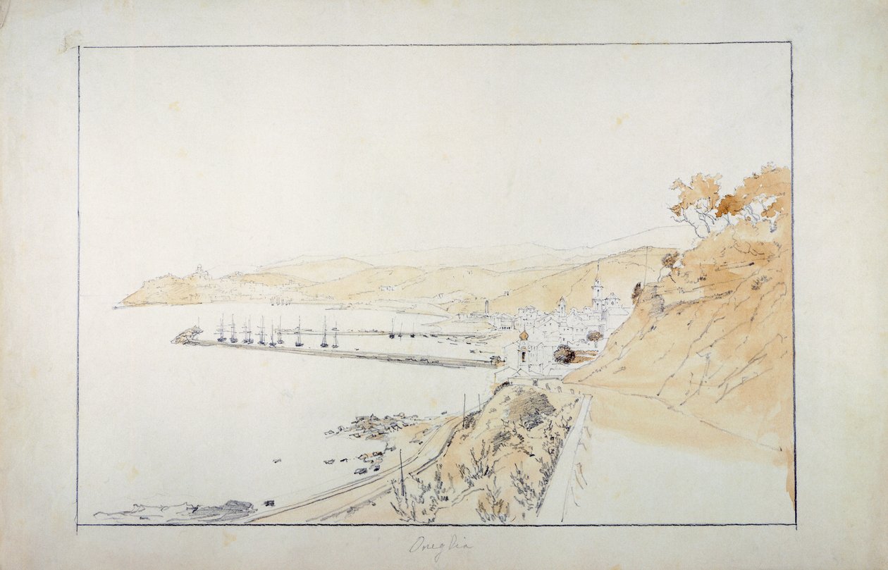 Porto Maurizio nähtynä Onegliasta, noin 1859, kirjoittanut Pasquale Domenico Cambiaso (1811-1894), Italia Kynä ja akvarelli. tekijältä Domenico Cambiaso