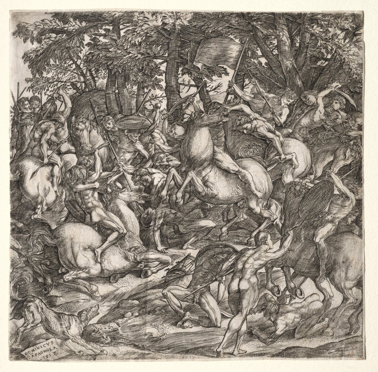 Alastomien miesten taistelu, 1517. tekijältä Domenico Campagnola