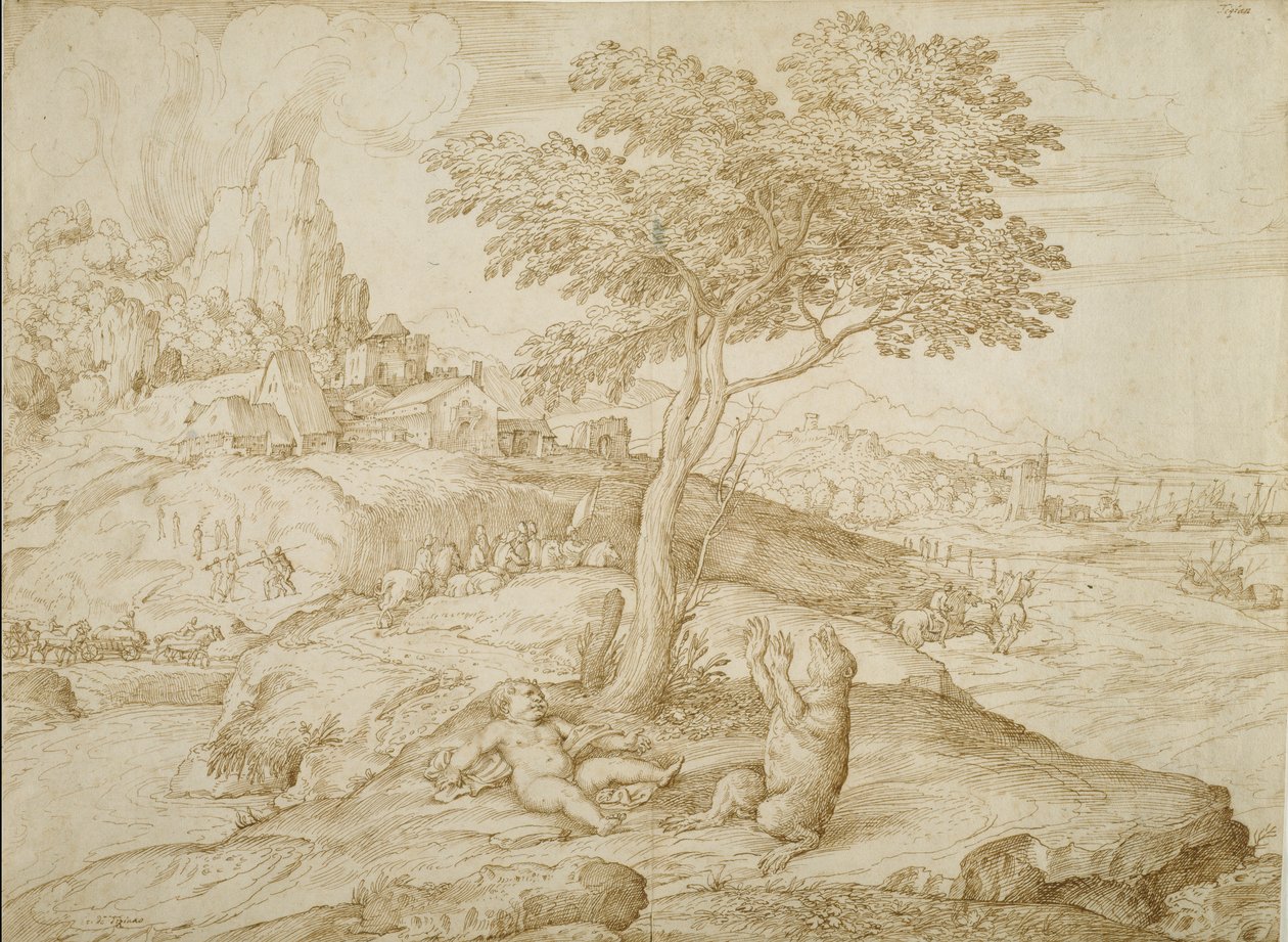 Callistos muuttui karhuksi Arcasin synnyttyä, n. 1558 (kynä ja ruskea muste kermanvärisellä paperilla) tekijältä Domenico Campagnola