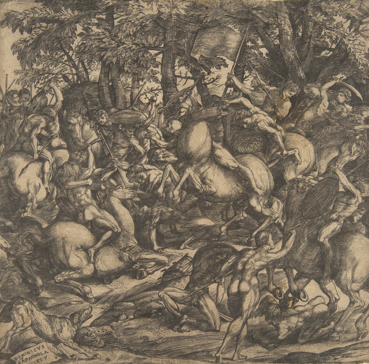 Ryhmä alastomia miehiä taistelemassa metsäisessä maisemassa, jotkut hevosen selässä, koira lo..., 1517. tekijältä Domenico Campagnola