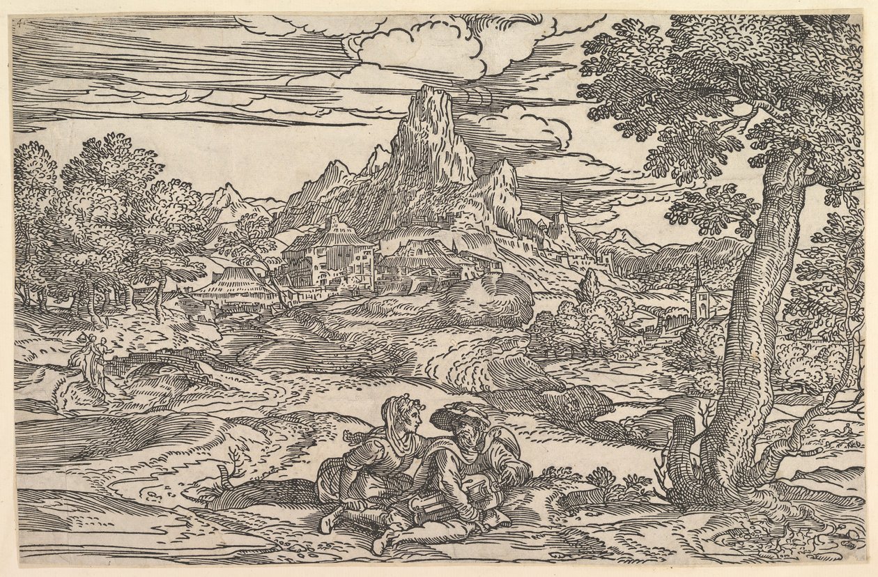 Maisema, jossa nainen istuu hurdy-gurdya leikkivän miehen vieressä, n. 1540. tekijältä Domenico Campagnola