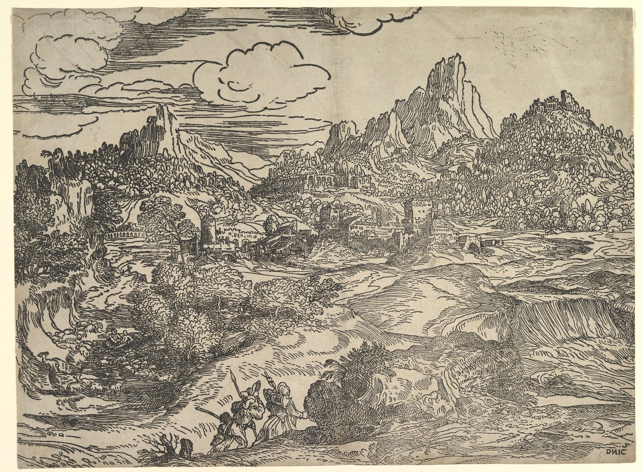 Maisema, jossa perhe kävelee yhdessä etualalla, vasemmalla kaksi hahmoa ..., n. 1535-40. tekijältä Domenico Campagnola