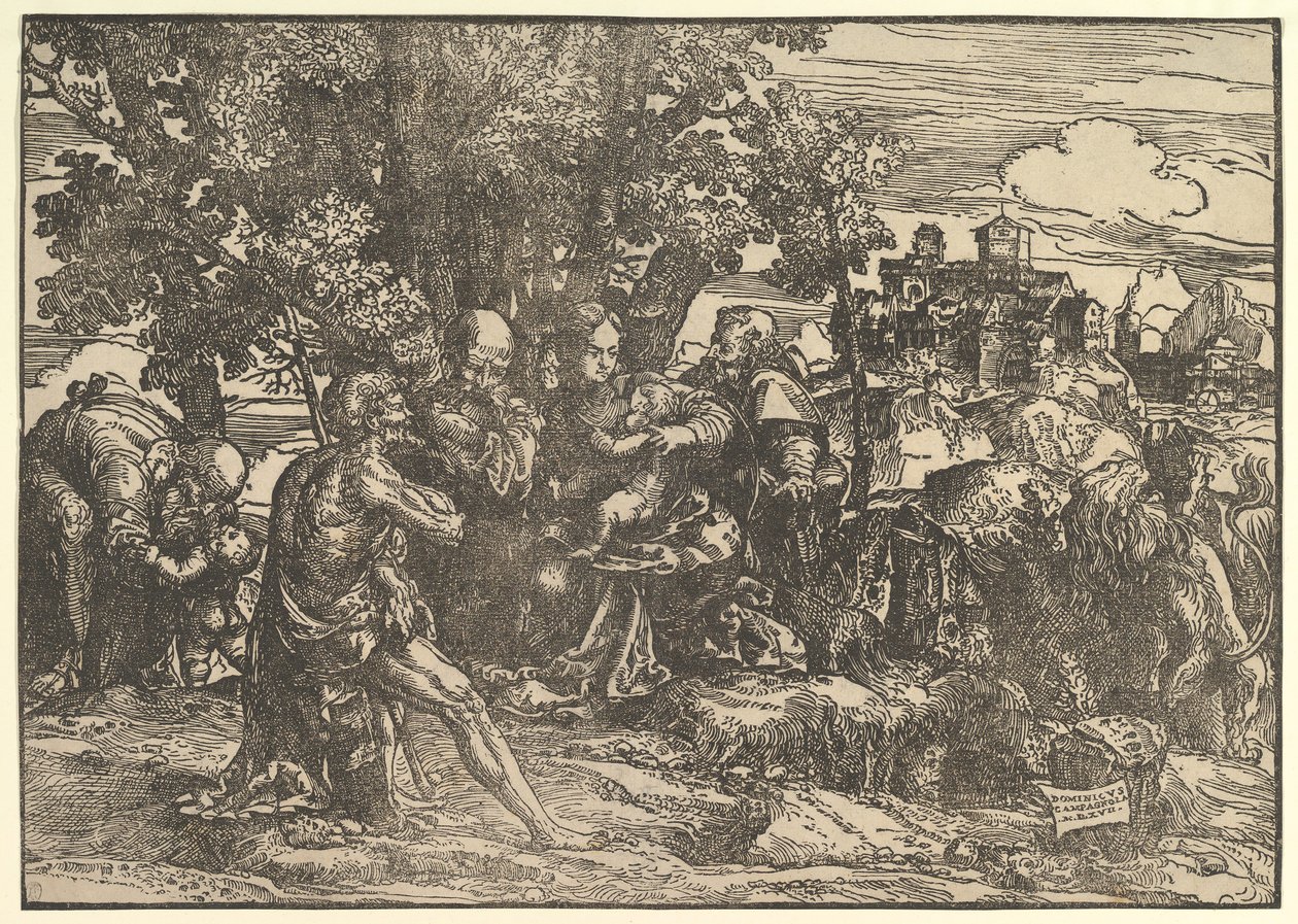 Maria istui puiden alla vauvan kanssa, jota reunustavat Joosef vasemmalla ja Pyhä Hieronymus oikealla, St..., 1517. tekijältä Domenico Campagnola