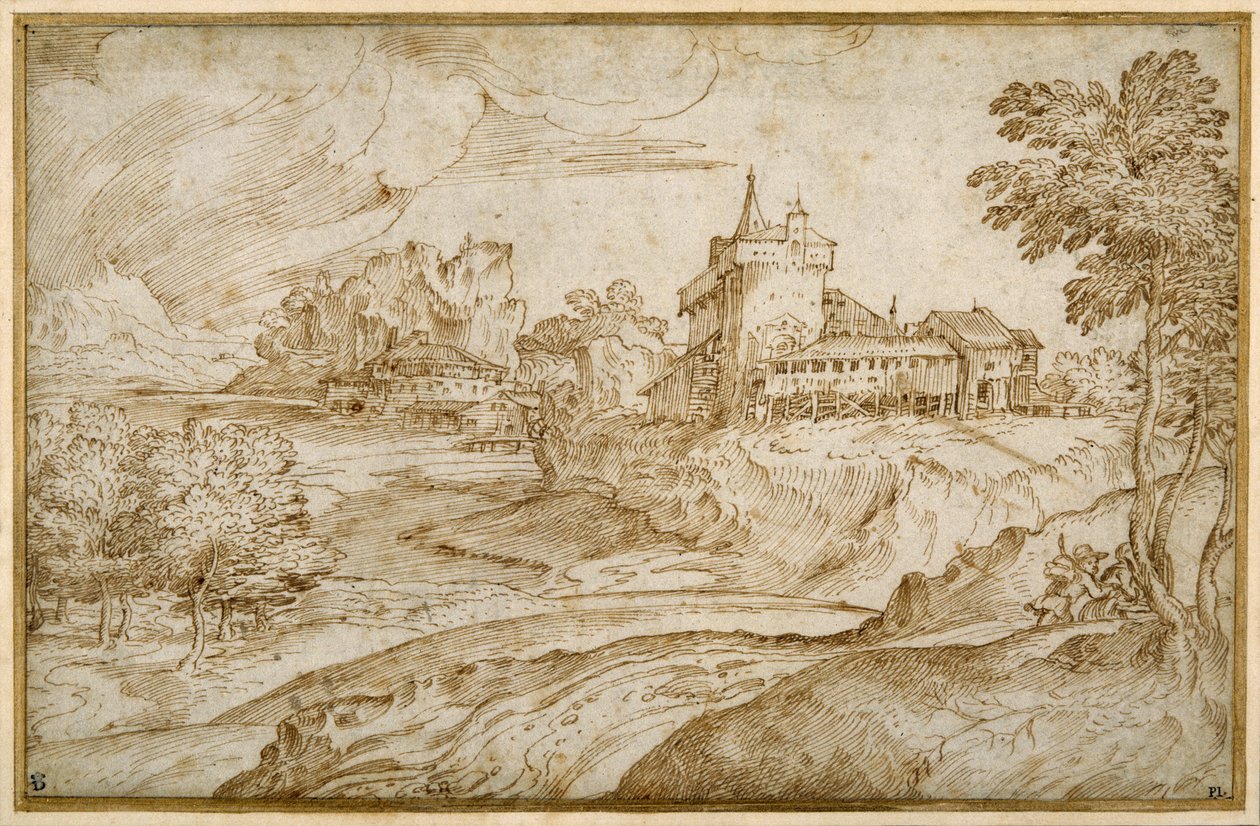 Vuoristoinen maisema, jossa on castello ja muita rakennuksia joen varrella; mies kiirehtii naista, oikealla, n. 1540 (kynä ja ruskea muste valkoisella paperilla) tekijältä Domenico Campagnola