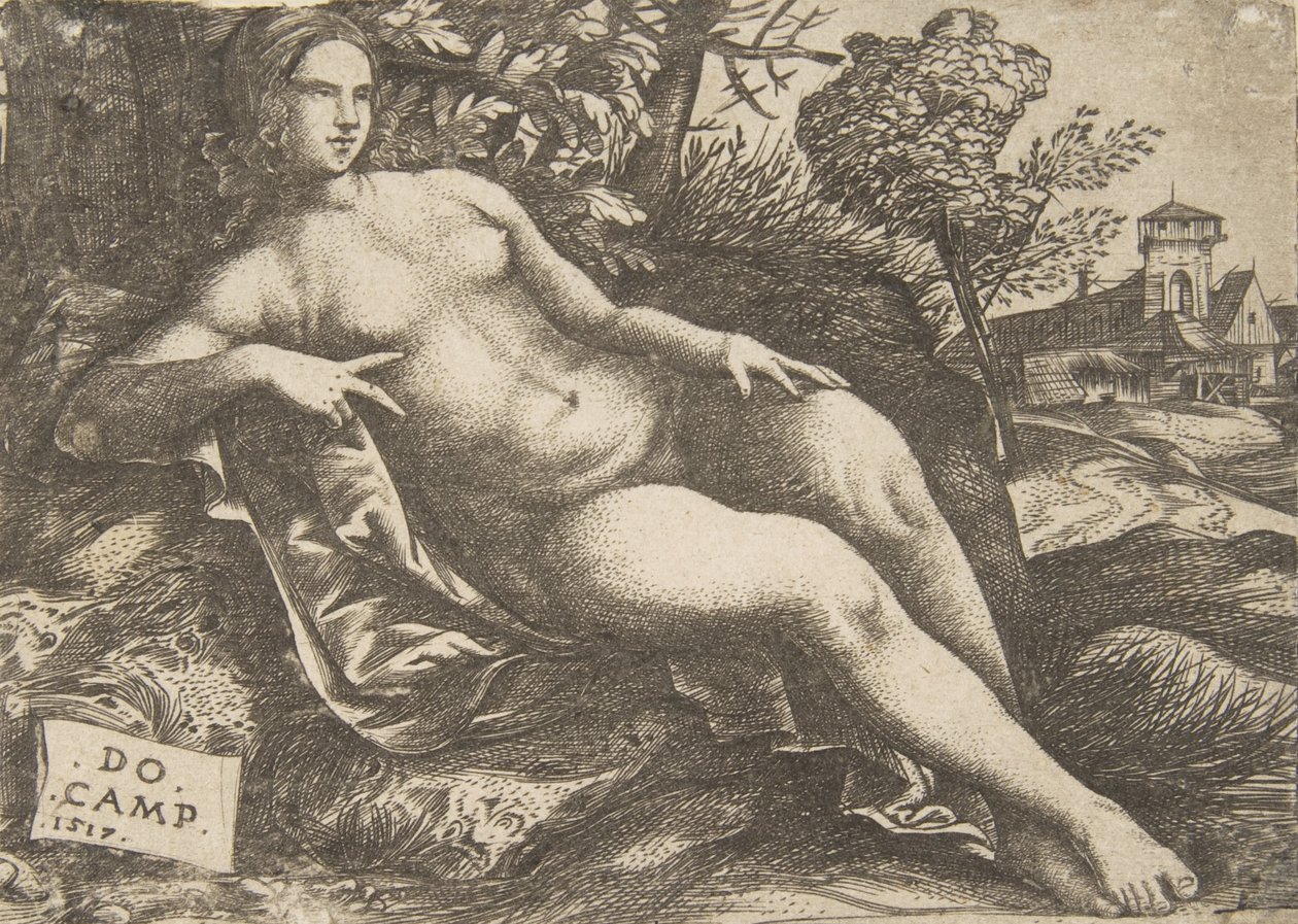 Alaston nainen Venus makuuasennossa maisemassa, 1517. tekijältä Domenico Campagnola
