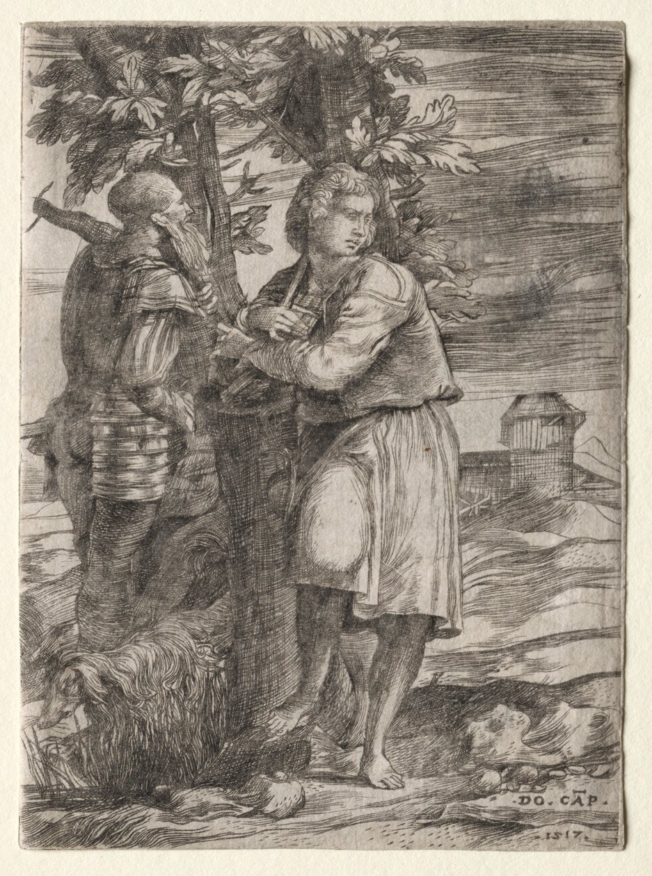 Paimen ja vanha soturi, 1517. tekijältä Domenico Campagnola