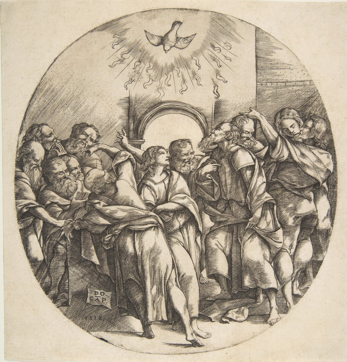 Pyhä Henki kuin lintu, joka laskeutuu levitetyillä siiveillä ylhäällä keskellä, kaksitoista apostolia..., 1518. tekijältä Domenico Campagnola