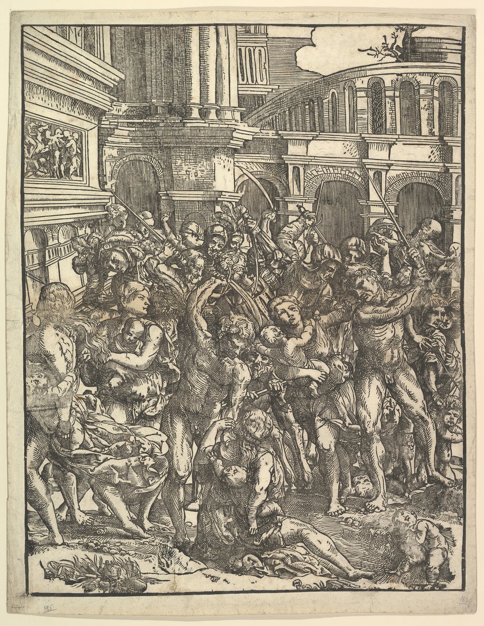 Syyttömien verilöyly oikealla puolella, jossa joukko mieshahmoja hyökkää naisia ja ..., 1517. tekijältä Domenico Campagnola
