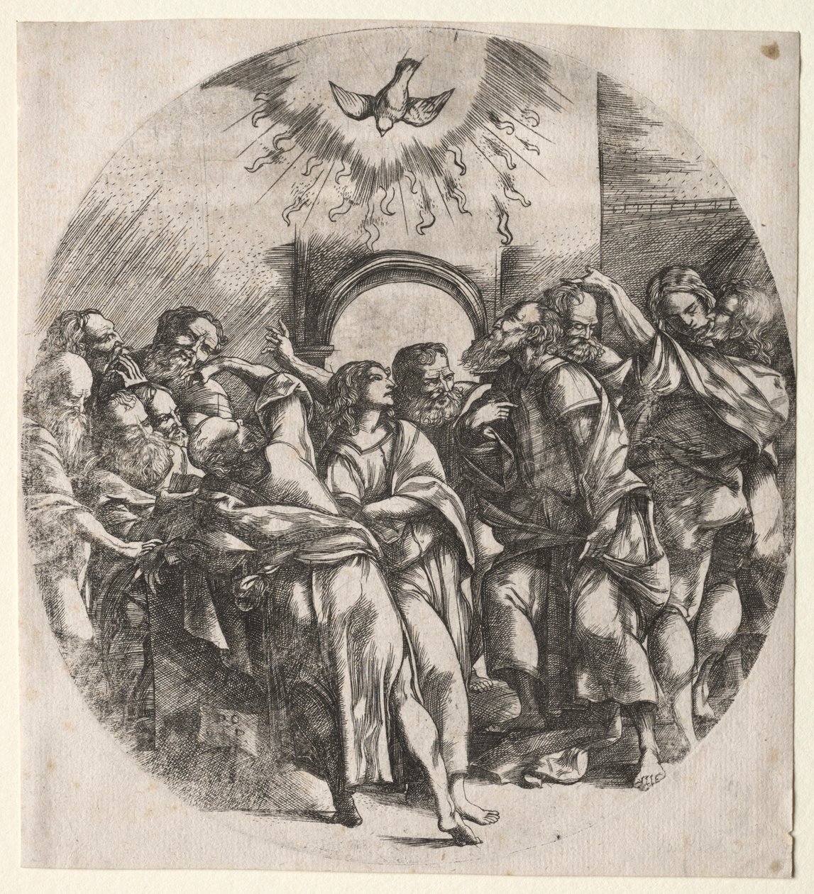Pyhän hengen laskeutuminen, 1518. tekijältä Domenico Campagnola