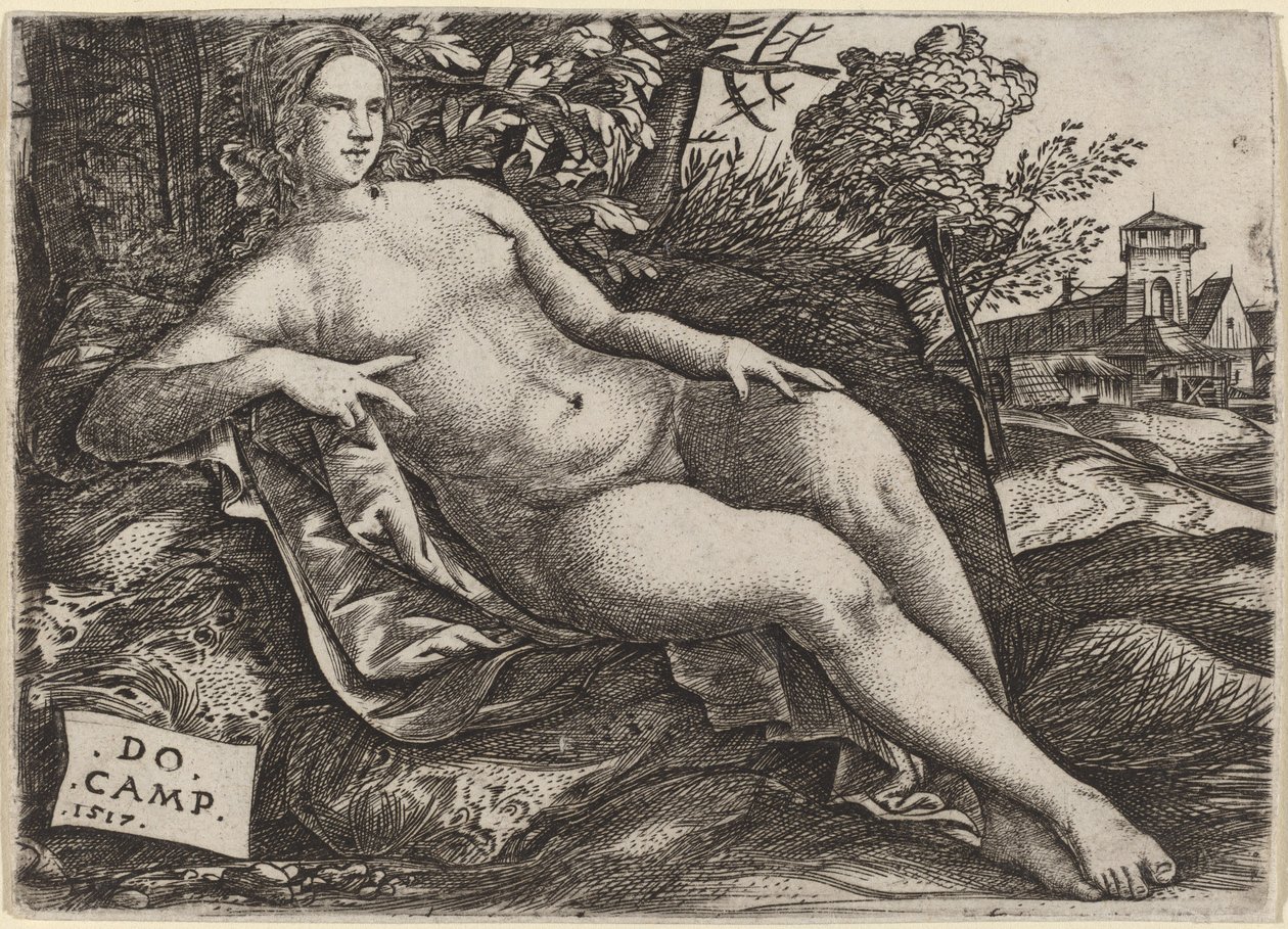 Venus makaamassa maisemassa tekijältä Domenico Campagnola
