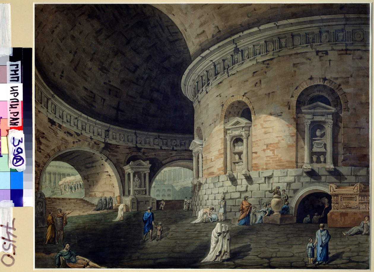 Lavastus näytelmään. Lavastussuunnittelu teatteriesitykseen. Domenico Corsinin (1812-1873) maalaus, 1800-luvun alku. italialaista taidetta. Akvarelli paperille. Venäjän valtion kirjallisuuden ja taiteen arkisto, Moskova tekijältä Domenico Corsini