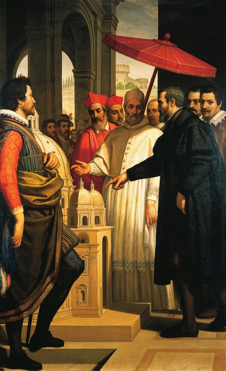 Michelangelo esittelee mallin Pietarin valmistumisesta paavi Pius IV:lle tekijältä Domenico Cresti