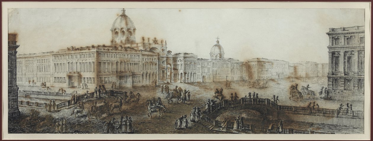 Nevski Prospekt (perspektiivi Nevski) lähellä Katariinan kanavaa Pietarissa - Domenico Felice Lamoni (1745-1830). Akvarelli ja valkoinen väri paperille, vuoden 1782 jälkeen. Pietarin valtionhistoriallinen museo tekijältä Domenico Felice Lamoni