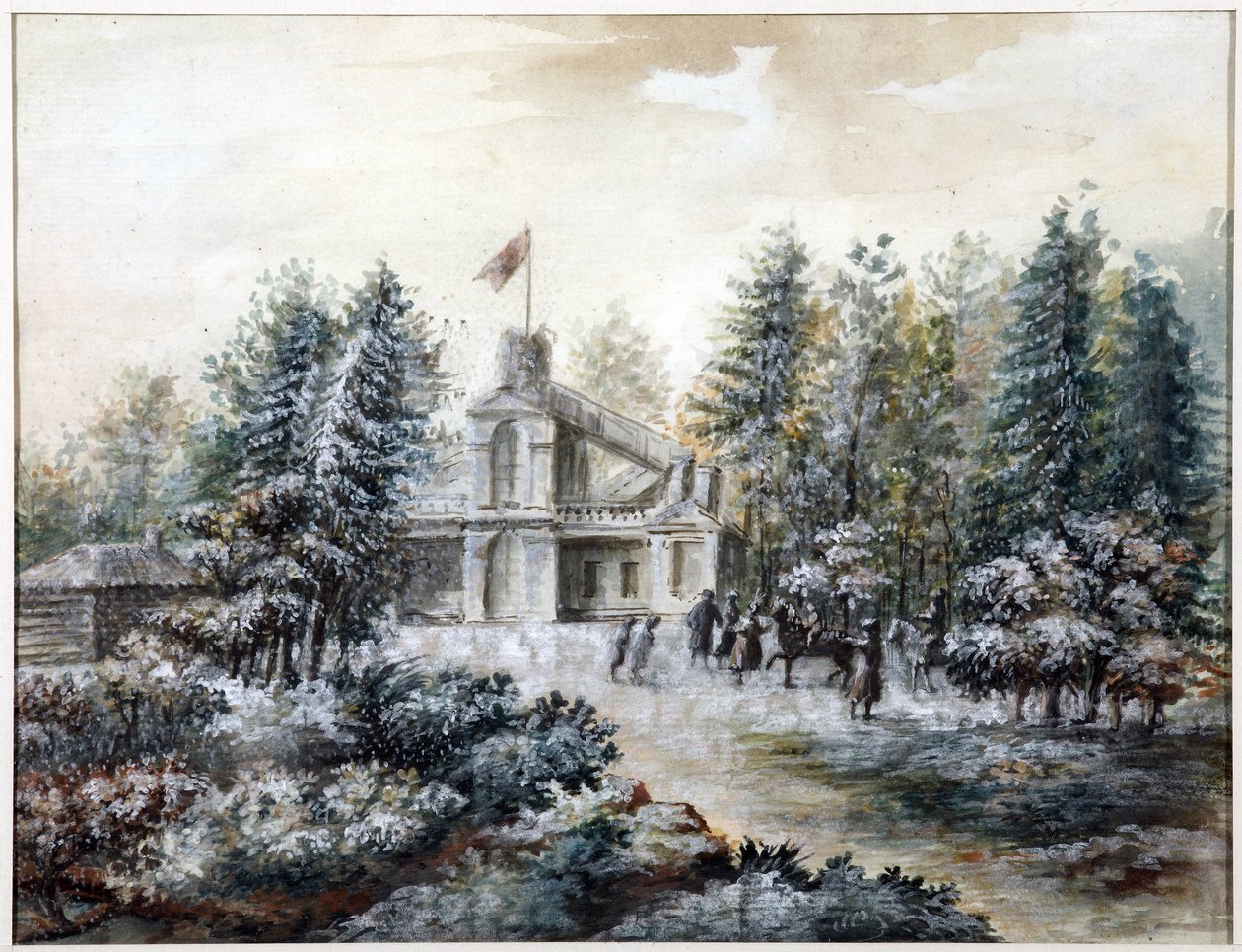 Pavillon de chasse Crack, Pavlovsk - Krak -talo Pavlovskissa - Domenico Felice Lamoni (1745-1830). Akvarelli ja valkoinen väri paperille, vuoden 1778 jälkeen. Pietarin valtionhistoriallinen museo tekijältä Domenico Felice Lamoni