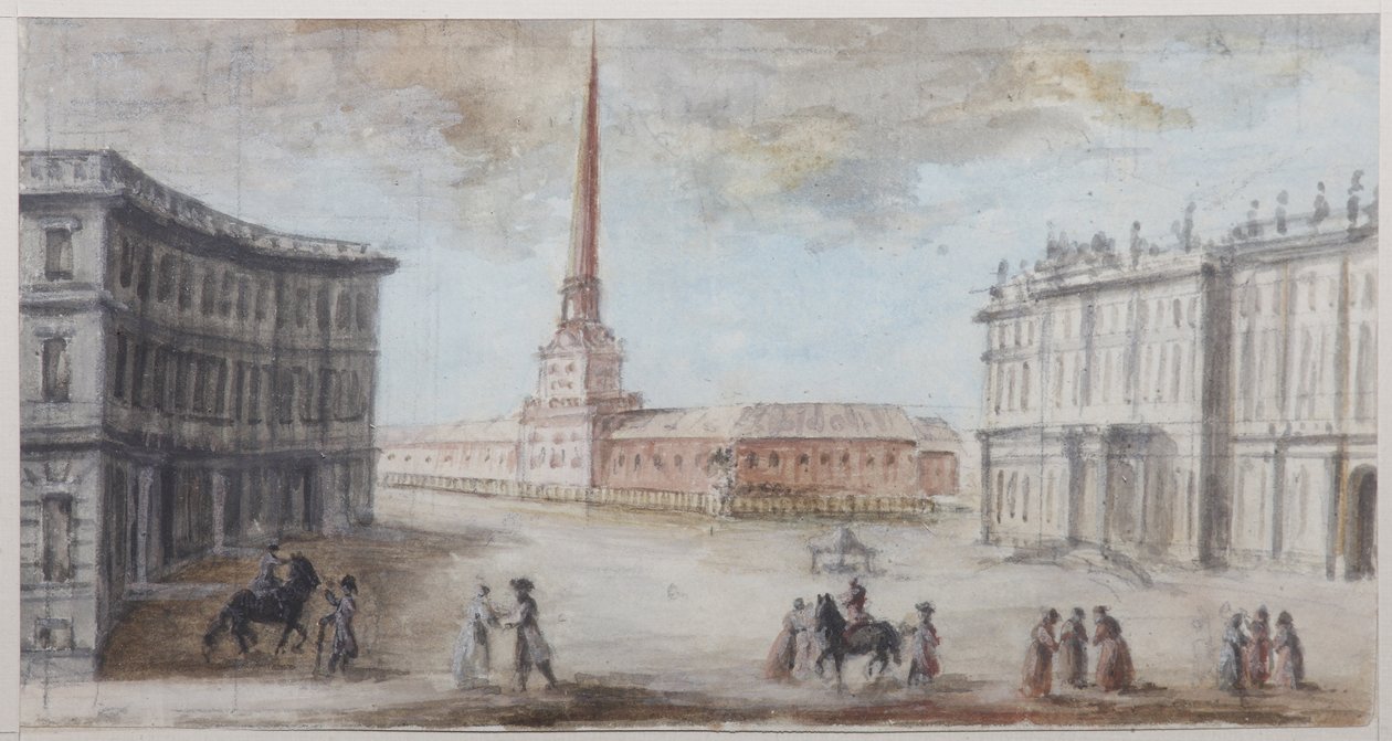 Palatsiaukio Pietarissa - Domenico Felice Lamoni (1745-1830). Akvarelli ja valkoinen väri paperille, 1780-luvun loppu. Pietarin valtion historian museo tekijältä Domenico Felice Lamoni